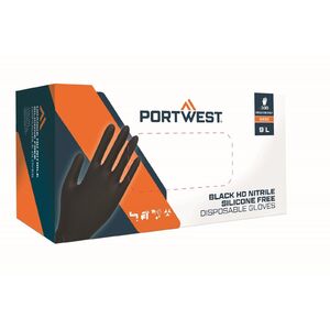 PORTWEST A930 / Eldobhat&oacute; kesztyűk szilikon n&eacute;lk&uuml;l, 100 db/csomag - fekete S